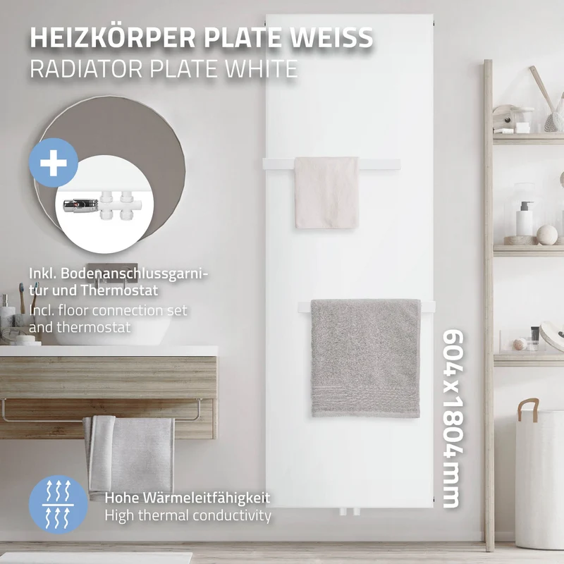 Badheizkörper 1800x604 mm Weiß mit Boden Anschlussgarnitur inkl. 2x Handuchhalter ML-Design