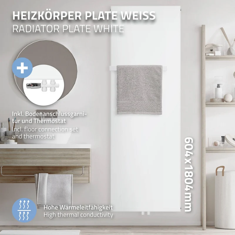 Badheizkörper 1800x604 mm Weiß mit Boden Anschlussgarnitur inkl. 1x Handuchhalter ML-Design