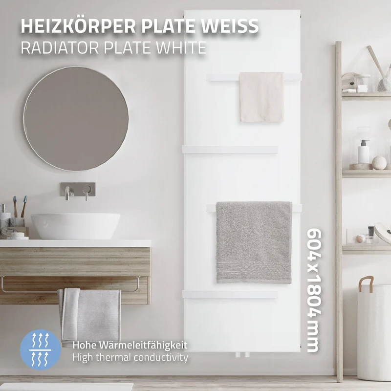 Badheizkörper 1800x604 mm Weiß mit Mittelanschluss inkl. 4x Handuchhalter ML-Design