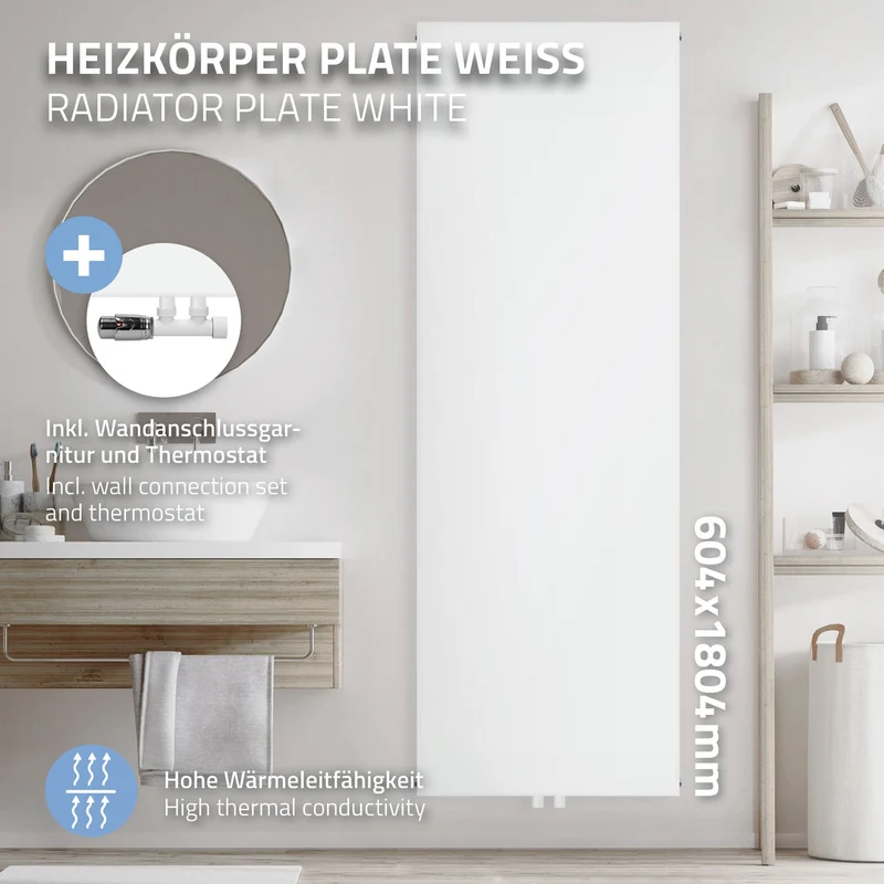 Badheizkörper 1800x604 mm Weiß mit Wand Anschlussgarnitur ML-Design