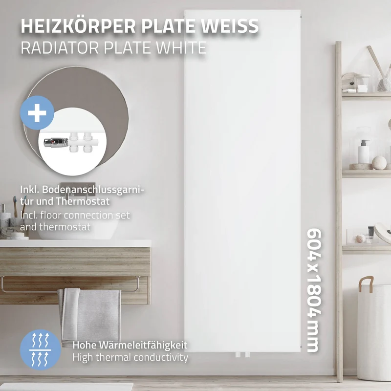 Badheizkörper 1800x604 mm Weiß mit Boden Anschlussgarnitur ML-Design