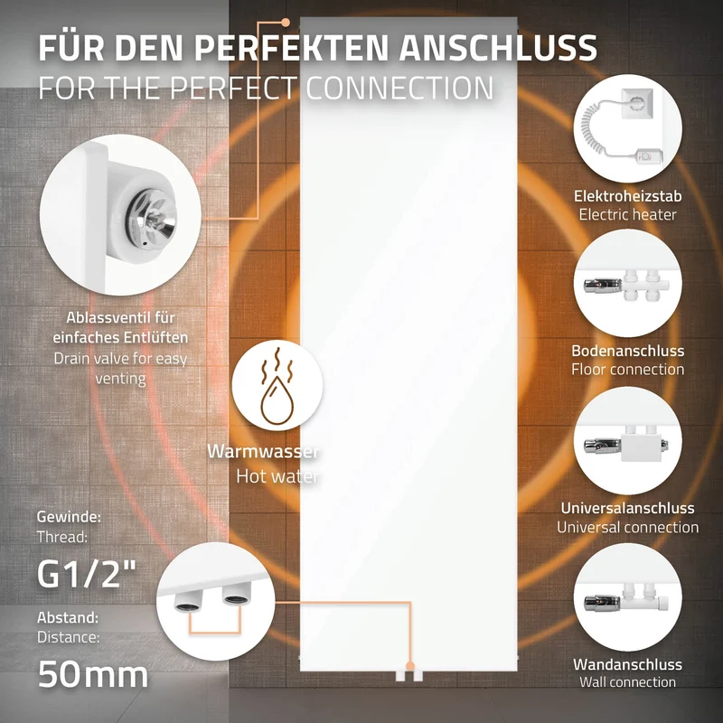 Badheizkörper 1800x604 mm Weiß mit Universale Anschlussgarnitur ML-Design