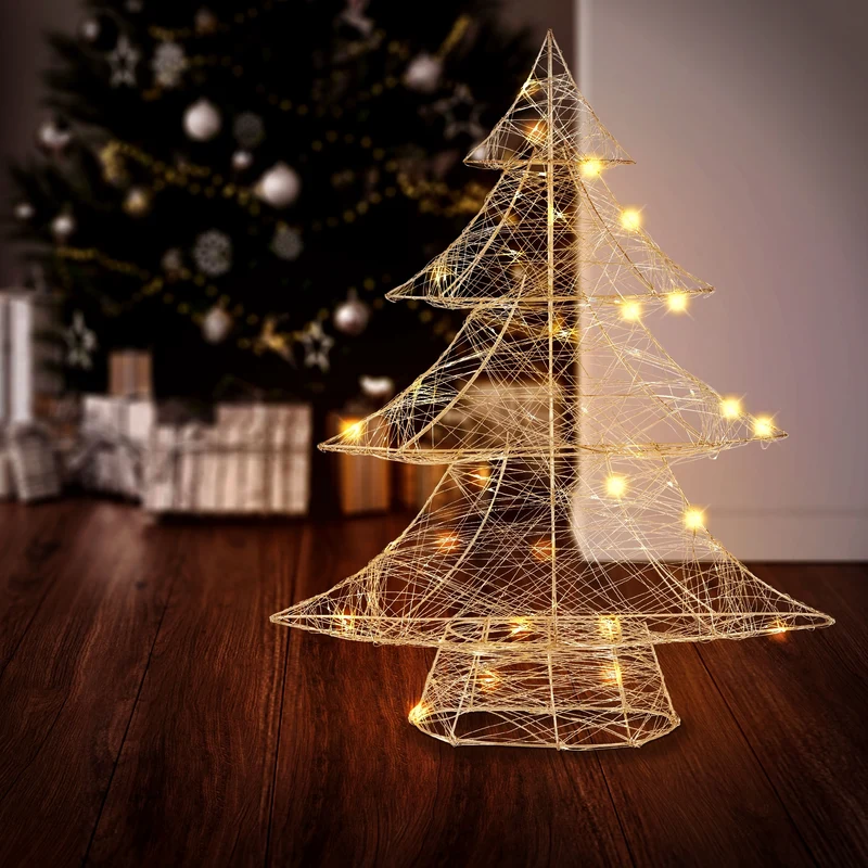 Deko Weihnachtsbaum 60 cm hoch Gold aus Metall mit warmweißen LEDs