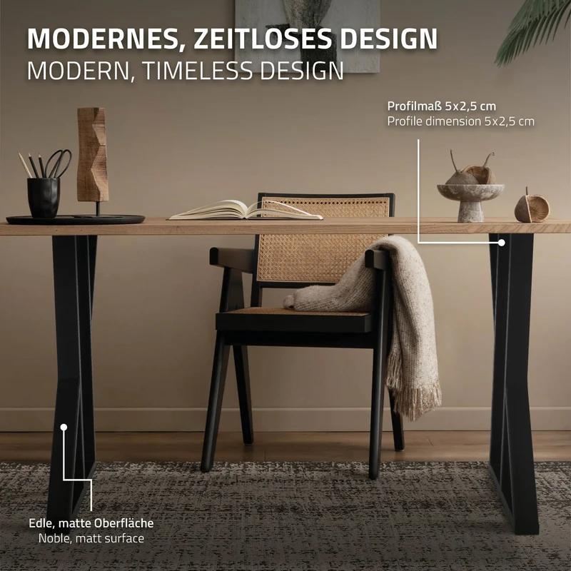 2 Stück Tischbeine B50xH71 cm Tischkufen X-Form Stahl pulverbeschichtet Schwarz ML-Design