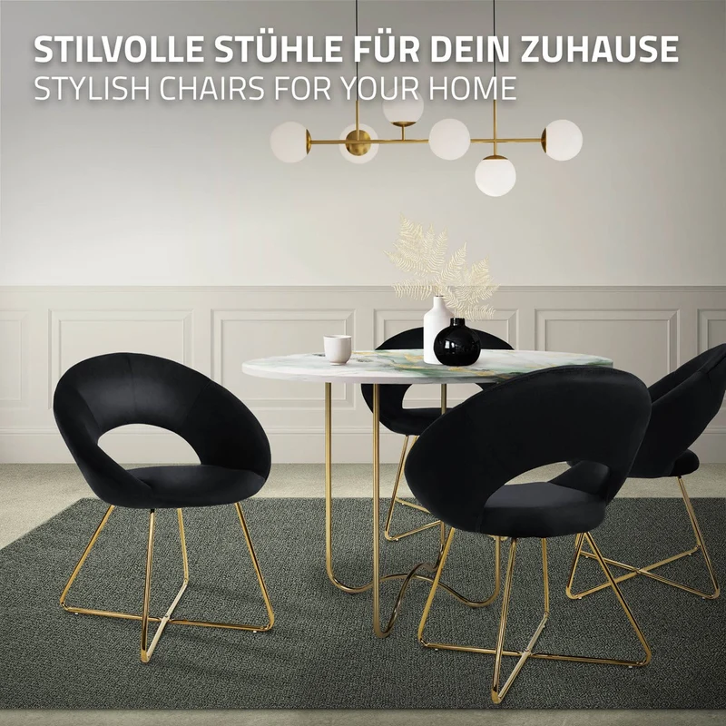 Esszimmerstuhl mit runder offener Rückenlehne Schwarz aus Samt mit goldenen Metallbeinen ML-Design