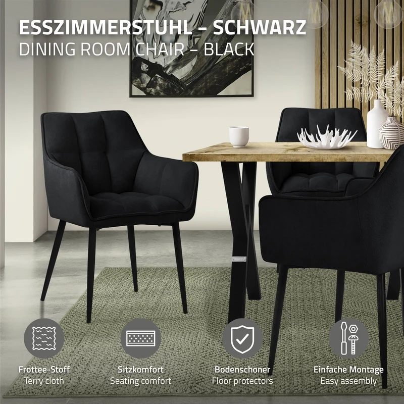 Esszimmerstuhl Schwarz aus Frotteestoff mit dickem gepolsterter Sitz ML-Design