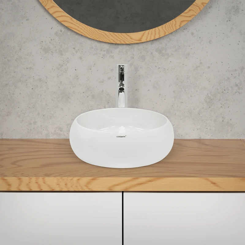 Waschbecken Rund ohne Überlauf Ø 35x12 cm Weiß aus Keramik LuxeBath