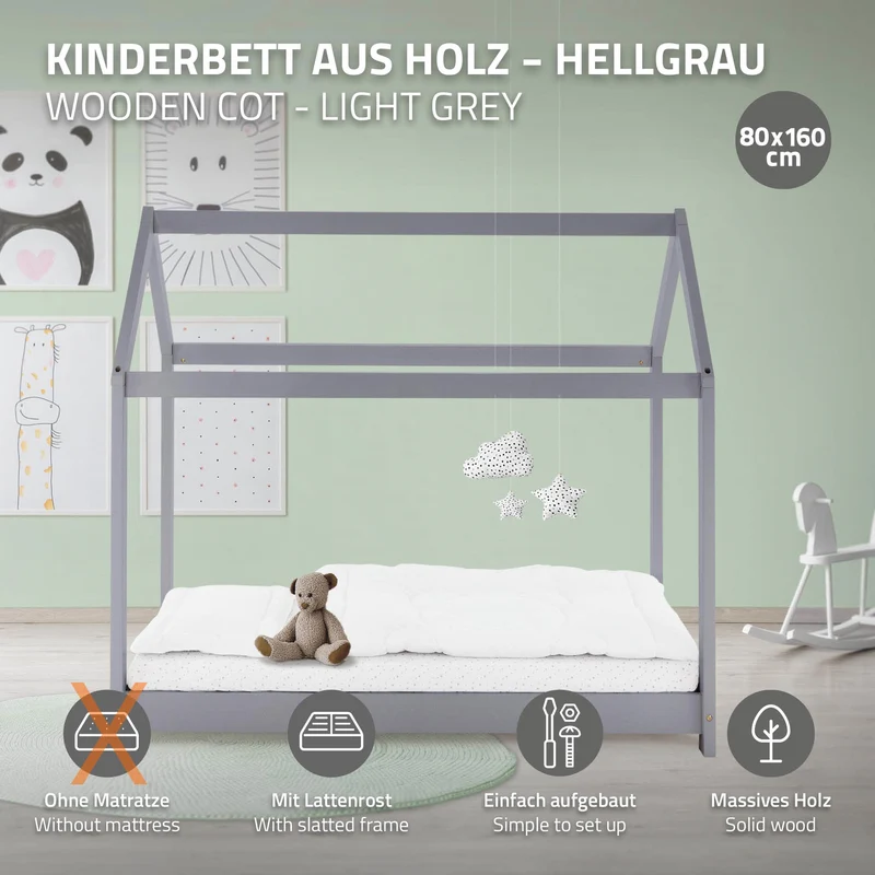 Kinderbett Hausbett 80x160 cm Hellgrau aus Kiefernholz Holzbett mit Dach und Lattenrost ML-Design