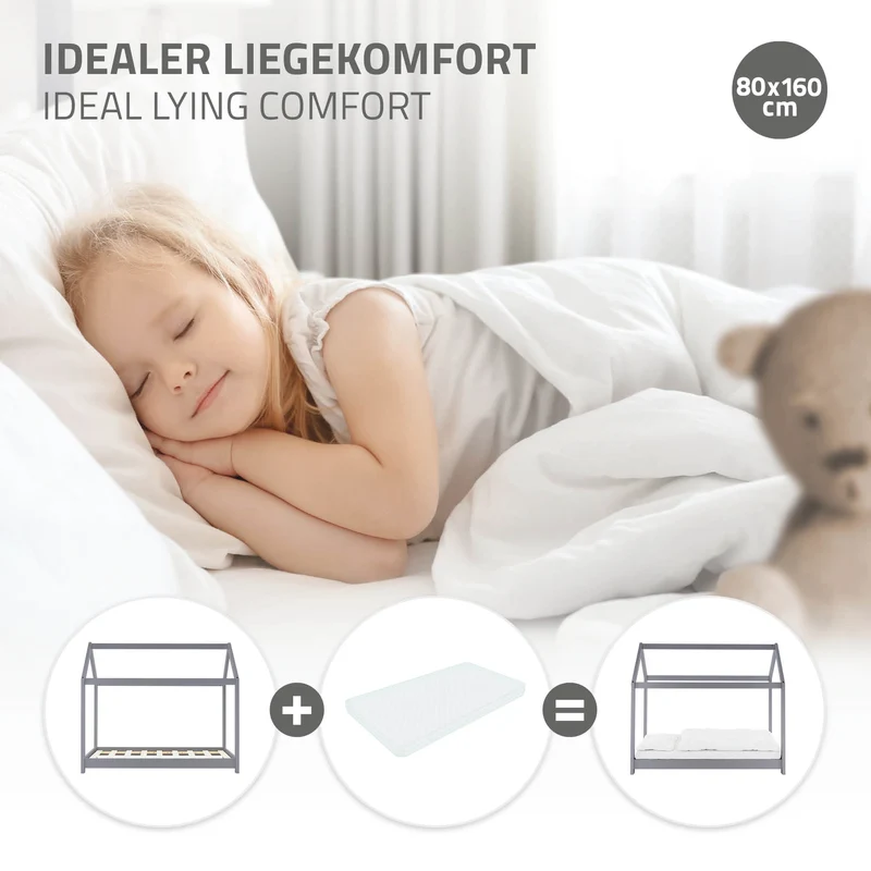 Kinderbett Hausbett 80x160 cm Hellgrau aus Kiefernholz Holzbett mit Dach und Lattenrost ML-Design