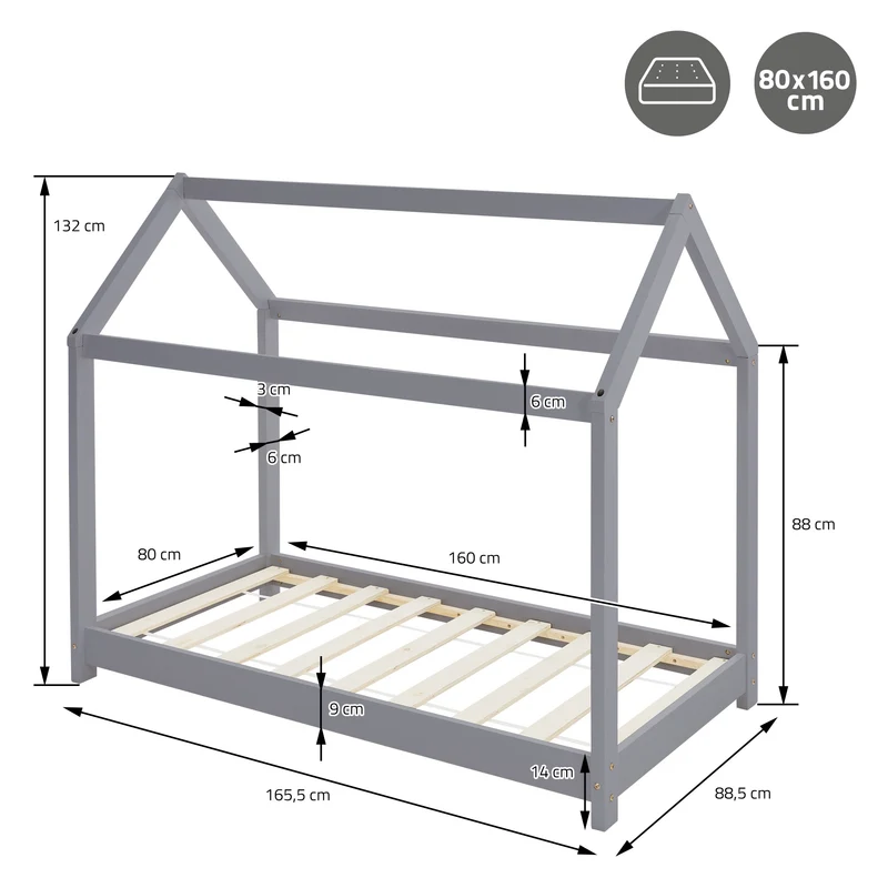 Kinderbett Hausbett 80x160 cm Hellgrau aus Kiefernholz Holzbett mit Dach und Lattenrost ML-Design