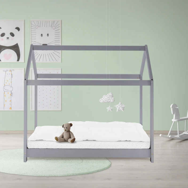 Kinderbett Hausbett 80x160 cm Hellgrau aus Kiefernholz Holzbett mit Dach und Lattenrost ML-Design