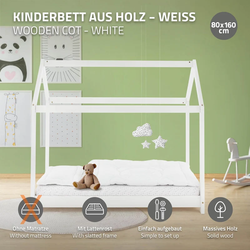 Kinderbett Hausbett 80x160 cm Weiß aus Kiefernholz Holzbett mit Dach und Lattenrost ML-Design