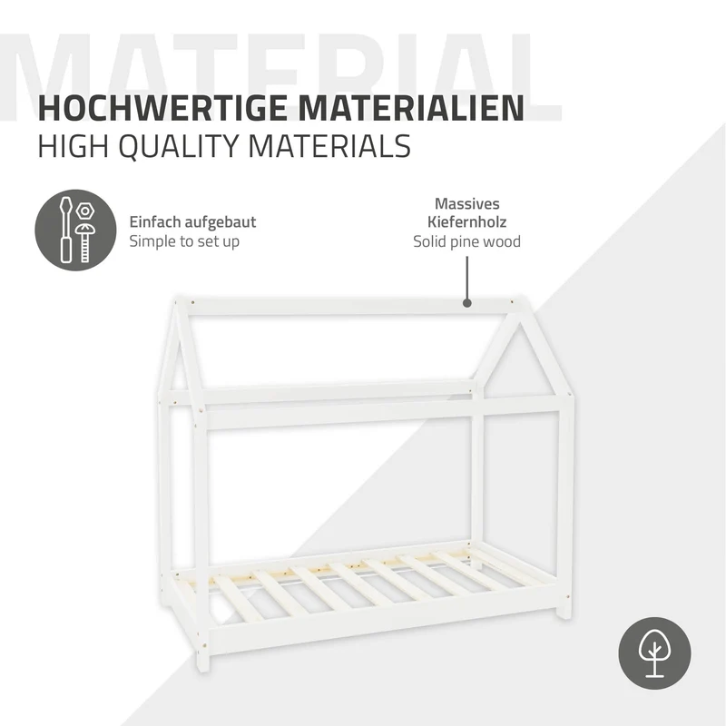 Kinderbett Hausbett 80x160 cm Weiß aus Kiefernholz Holzbett mit Dach und Lattenrost ML-Design