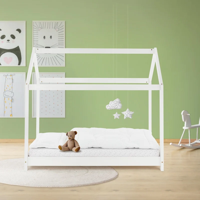 Kinderbett Hausbett 80x160 cm Weiß aus Kiefernholz Holzbett mit Dach und Lattenrost ML-Design