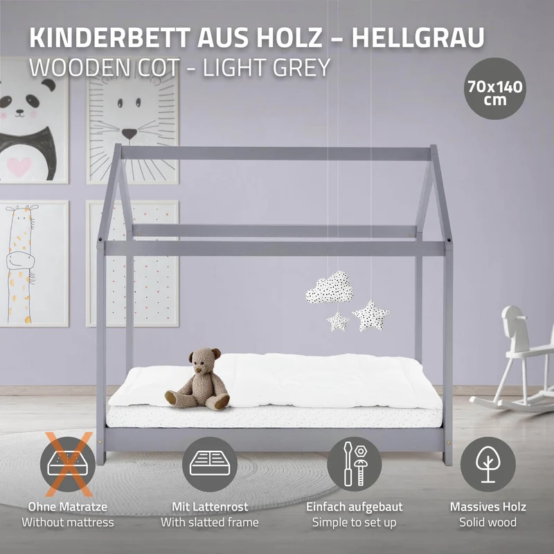 Kinderbett Hausbett 70x140 cm Hellgrau aus Kiefernholz Holzbett mit Dach und Lattenrost ML-Design