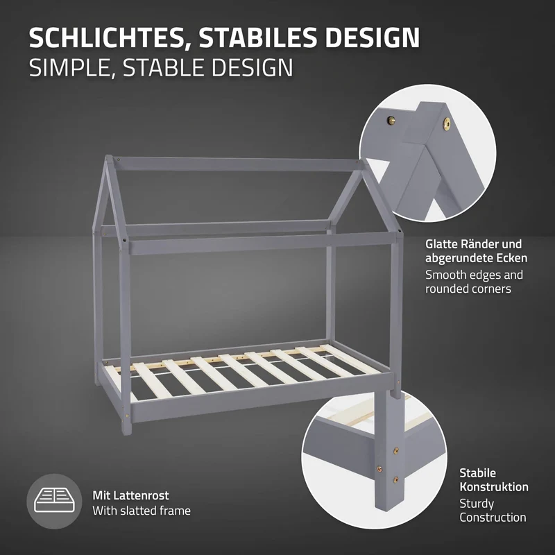 Kinderbett Hausbett 70x140 cm Hellgrau aus Kiefernholz Holzbett mit Dach und Lattenrost ML-Design