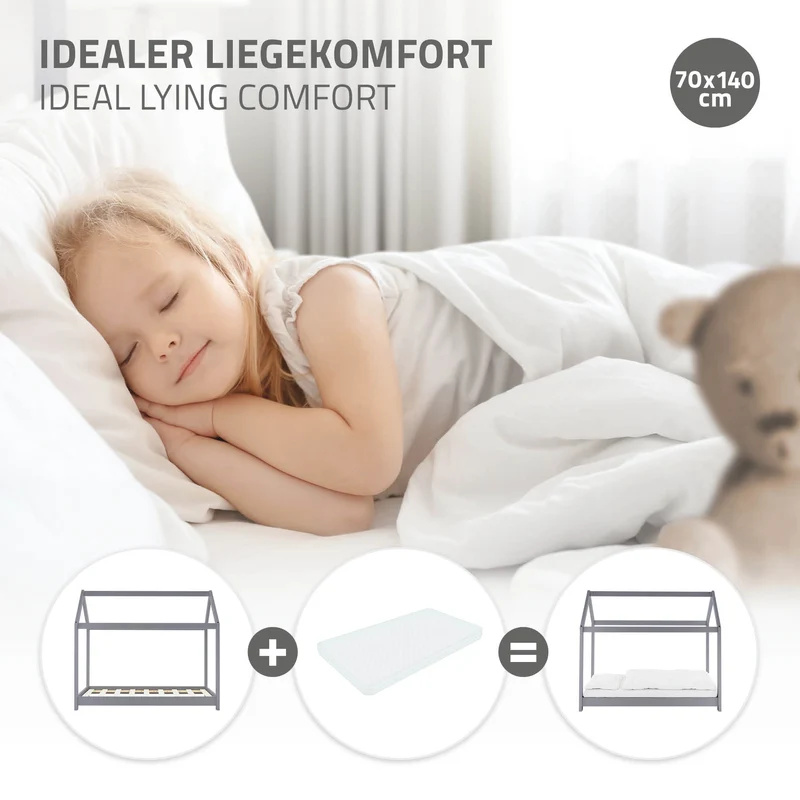 Kinderbett Hausbett 70x140 cm Hellgrau aus Kiefernholz Holzbett mit Dach und Lattenrost ML-Design