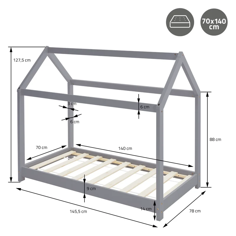 Kinderbett Hausbett 70x140 cm Hellgrau aus Kiefernholz Holzbett mit Dach und Lattenrost ML-Design