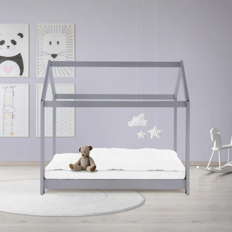 Kinderbett Hausbett 70x140 cm Hellgrau aus Kiefernholz Holzbett mit Dach und Lattenrost ML-Design