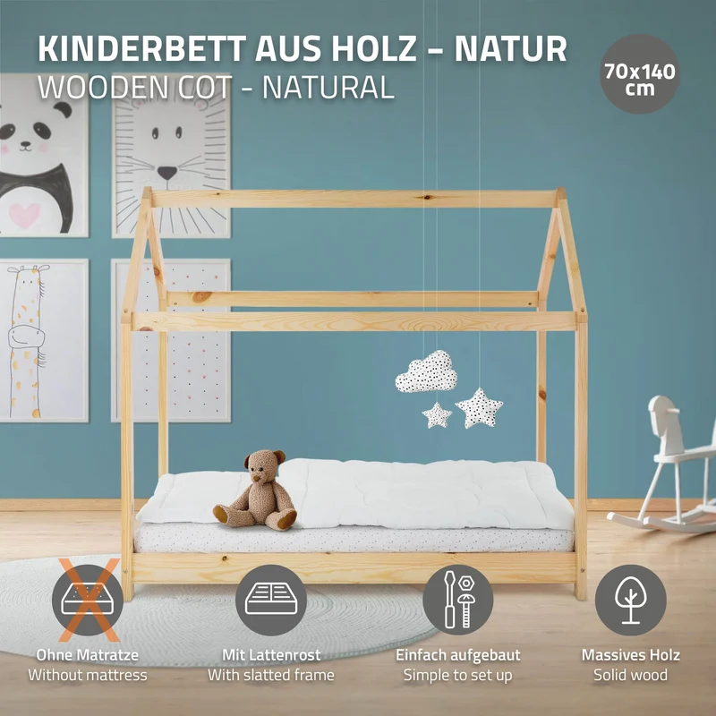 Kinderbett Hausbett 70x140 cm aus Kiefernholz Holzbett mit Dach und Lattenrost ML-Design
