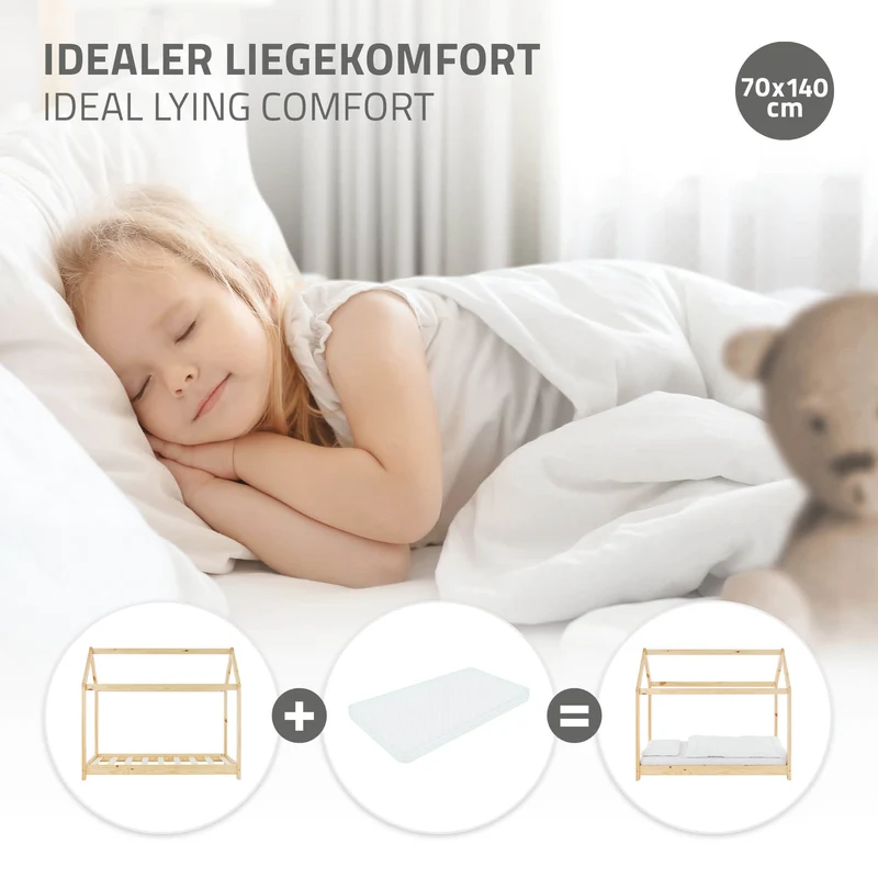 Kinderbett Hausbett 70x140 cm aus Kiefernholz Holzbett mit Dach und Lattenrost ML-Design