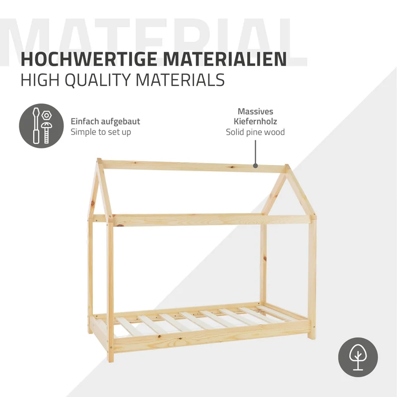 Kinderbett Hausbett 70x140 cm aus Kiefernholz Holzbett mit Dach und Lattenrost ML-Design