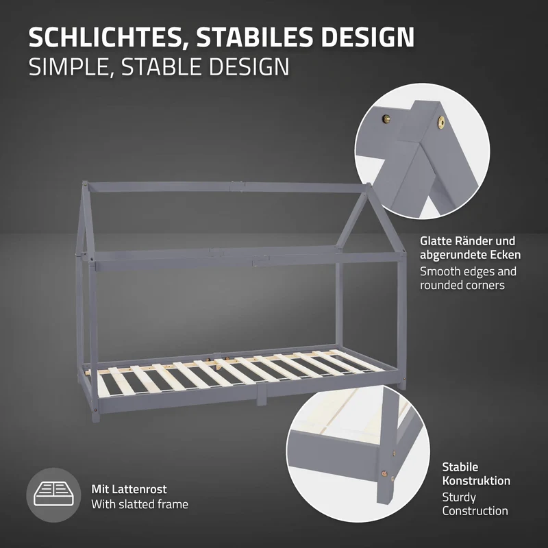 Kinderbett Hausbett 90x200 cm Hellgrau aus Kiefernholz Holzbett mit Dach und Lattenrost ML-Design