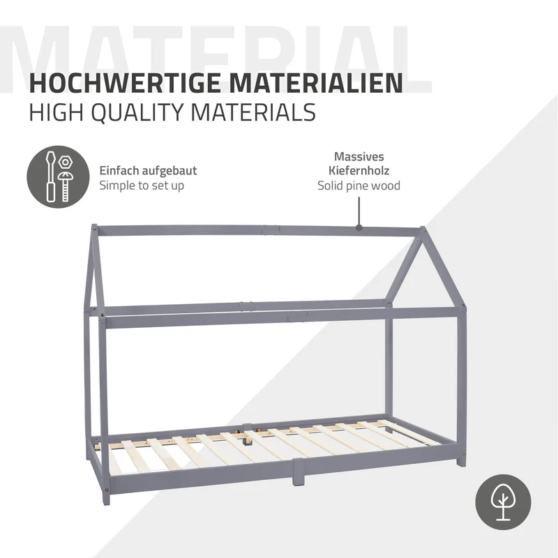 Kinderbett Hausbett 90x200 cm Hellgrau aus Kiefernholz Holzbett mit Dach und Lattenrost ML-Design