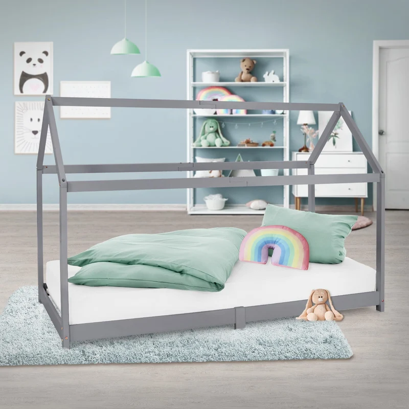 Kinderbett Hausbett 90x200 cm Hellgrau aus Kiefernholz Holzbett mit Dach und Lattenrost ML-Design