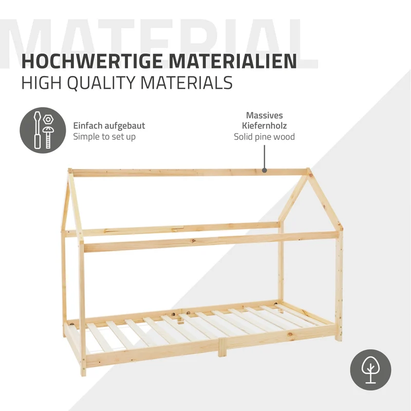 Kinderbett Hausbett 90x200 cm aus Kiefernholz Holzbett mit Dach und Lattenrost ML-Design