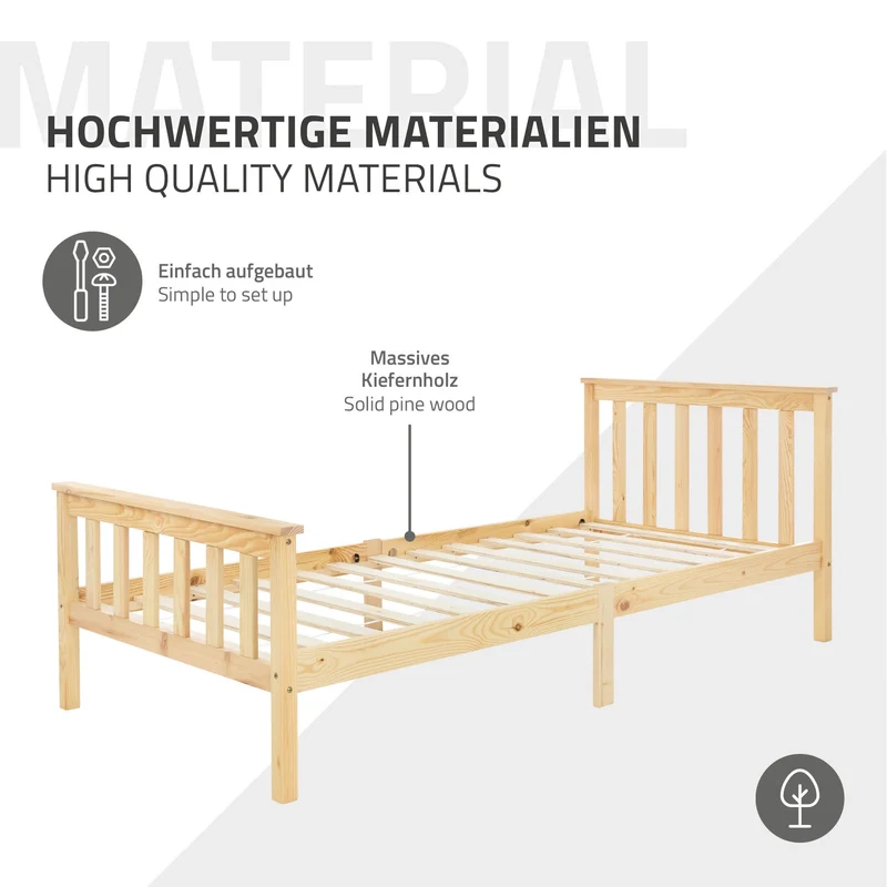 Bettgestell Einzelbett 90x200cm aus Kiefernholz in Natur mit Lattenrost ML-Design