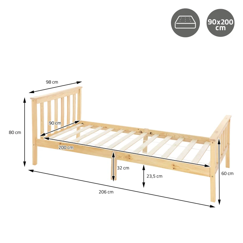 Bettgestell Einzelbett 90x200cm aus Kiefernholz in Natur mit Lattenrost ML-Design
