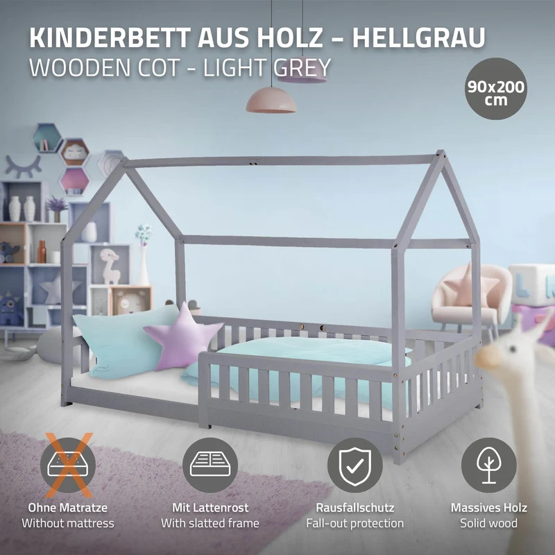 Kinderbett Hausbett 90x200 cm Hellgrau aus Kiefernholz mit Rausfallschutz Dach und Lattenrost Holzbett ML-Design
