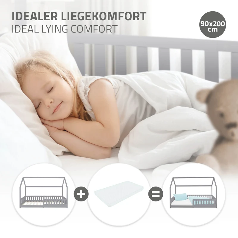 Kinderbett Hausbett 90x200 cm Hellgrau aus Kiefernholz mit Rausfallschutz Dach und Lattenrost Holzbett ML-Design