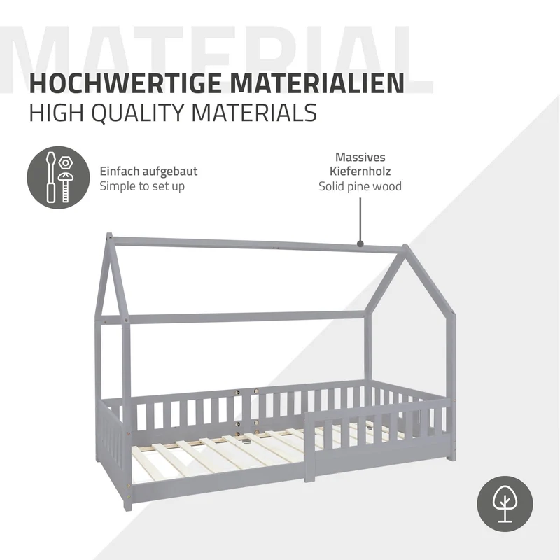 Kinderbett Hausbett 90x200 cm Hellgrau aus Kiefernholz mit Rausfallschutz Dach und Lattenrost Holzbett ML-Design