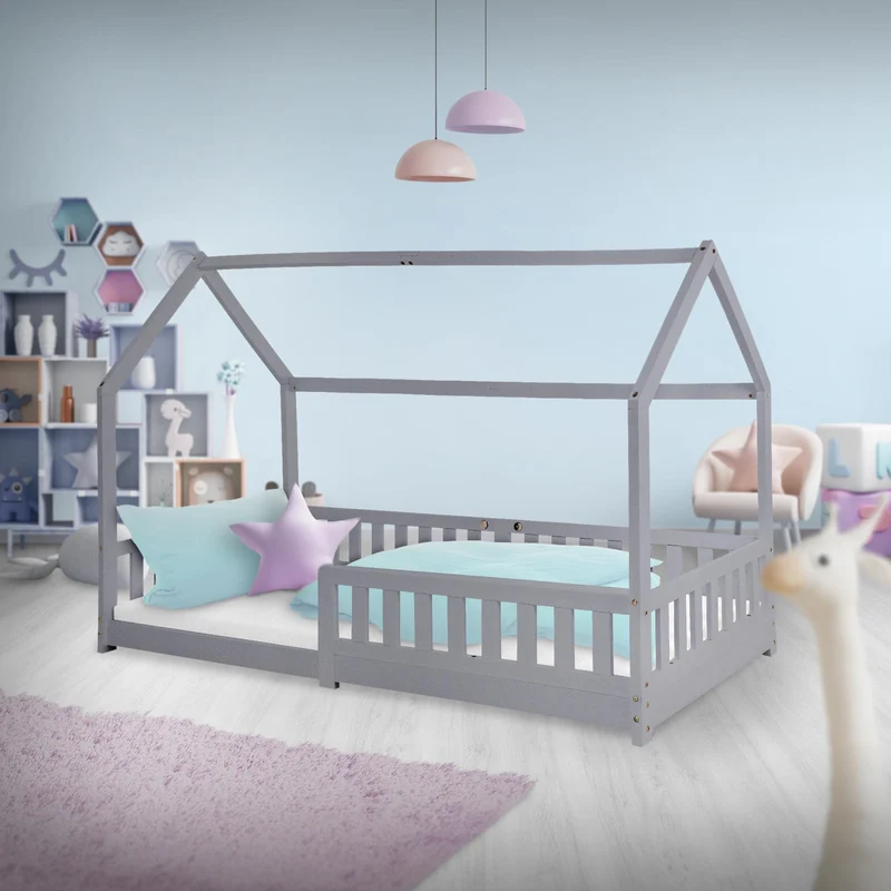 Kinderbett Hausbett 90x200 cm Hellgrau aus Kiefernholz mit Rausfallschutz Dach und Lattenrost Holzbett ML-Design