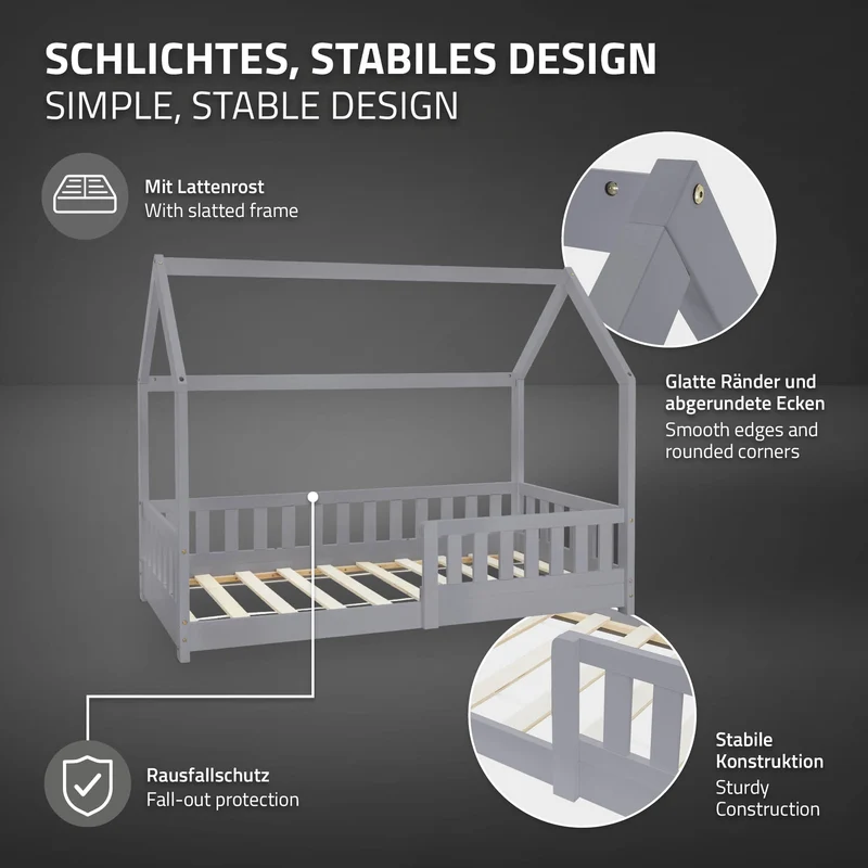 Kinderbett Hausbett 80x160 cm Hellgrau aus Kiefernholz mit Rausfallschutz Dach und Lattenrost Holzbett ML-Design