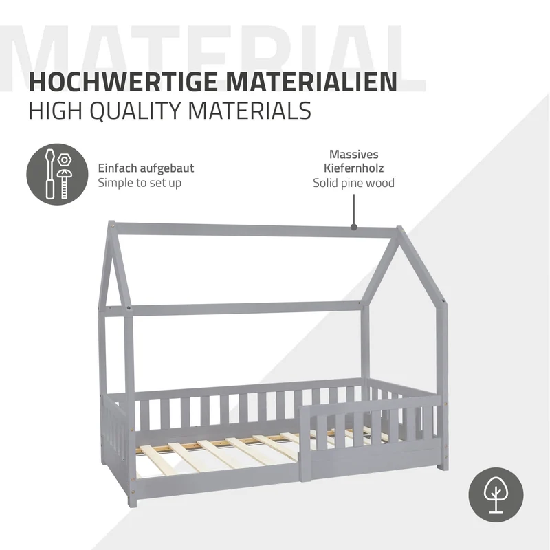 Kinderbett Hausbett 80x160 cm Hellgrau aus Kiefernholz mit Rausfallschutz Dach und Lattenrost Holzbett ML-Design