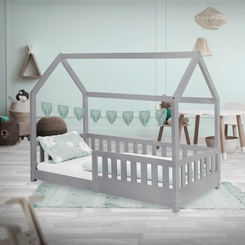 Kinderbett Hausbett 80x160 cm Hellgrau aus Kiefernholz mit Rausfallschutz Dach und Lattenrost Holzbett ML-Design