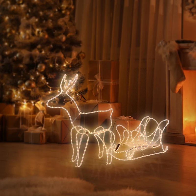 LED Deko Rentier mit Schlitten, warmweiß, 504 LEDs, aus PVC