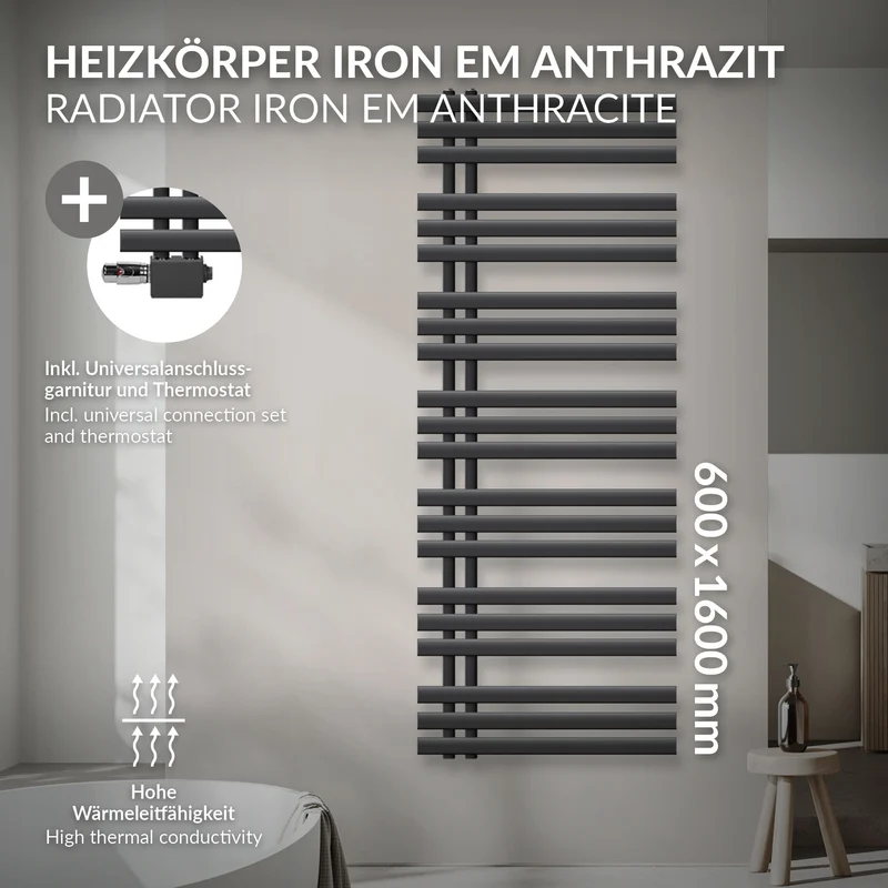 Badheizkörper Mittelanschluss 600x1600 mm Anthrazit mit Universal Anschlussgarnitur LuxeBath