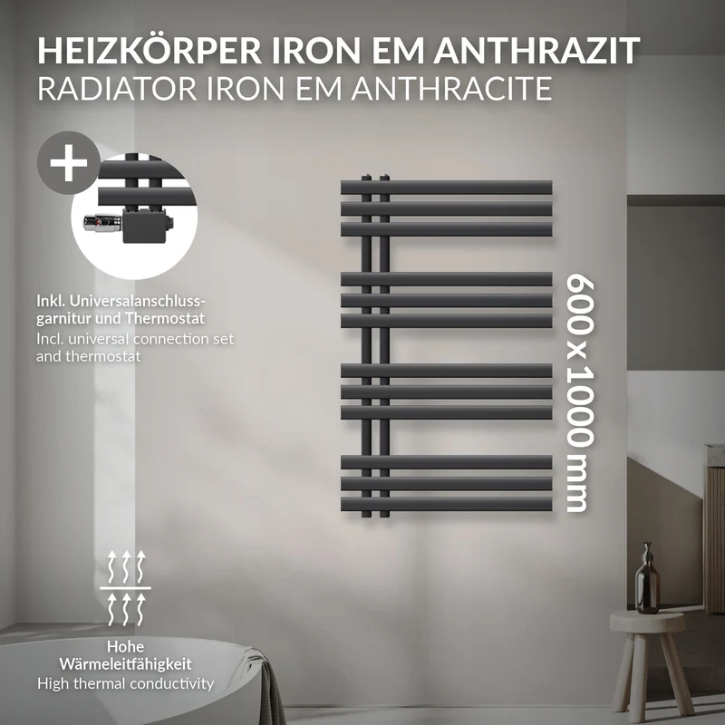 Badheizkörper Mittelanschluss 600x1000 mm Anthrazit mit Universal Anschlussgarnitur LuxeBath