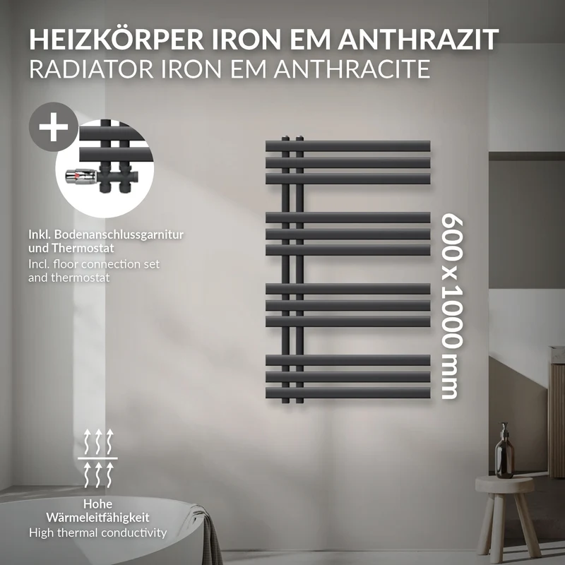 Badheizkörper Mittelanschluss 600x1000 mm Anthrazit mit Boden Anschlussgarnitur LuxeBath