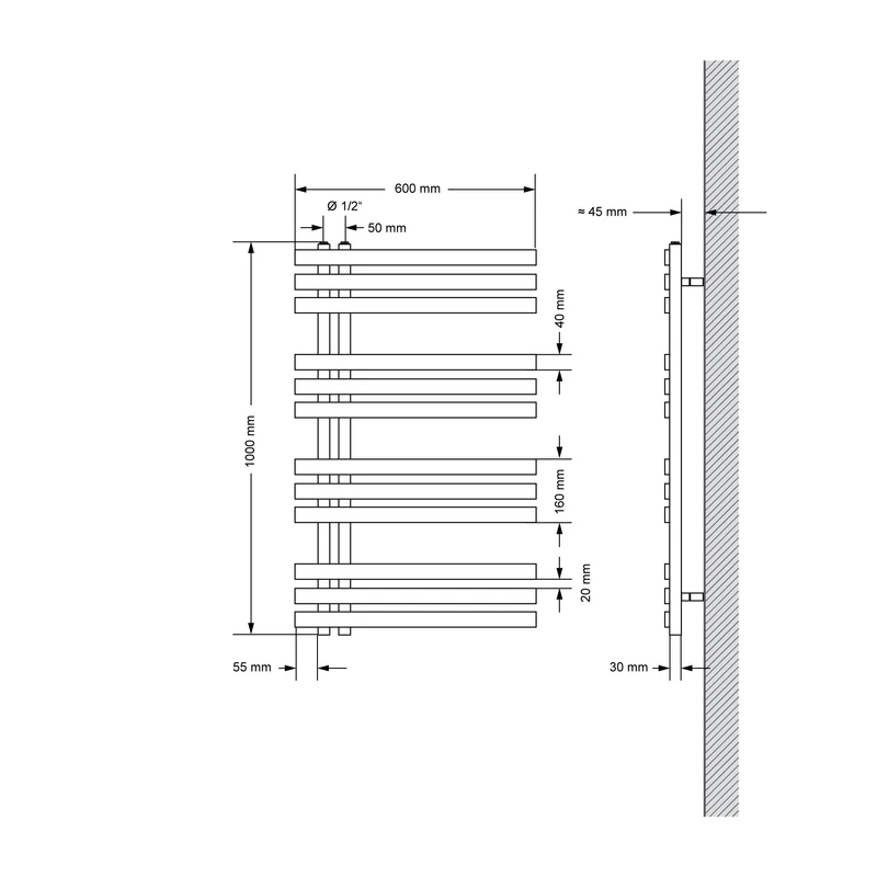 Badheizkörper Mittelanschluss 600x1000 mm Anthrazit mit Boden Anschlussgarnitur LuxeBath