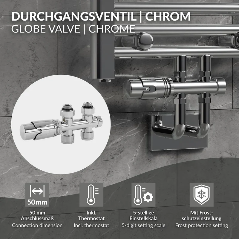 Ventil-Armaturen Set Multiblock Chrome Durchgangsform inkl. Thermostatkopf LuxeBath