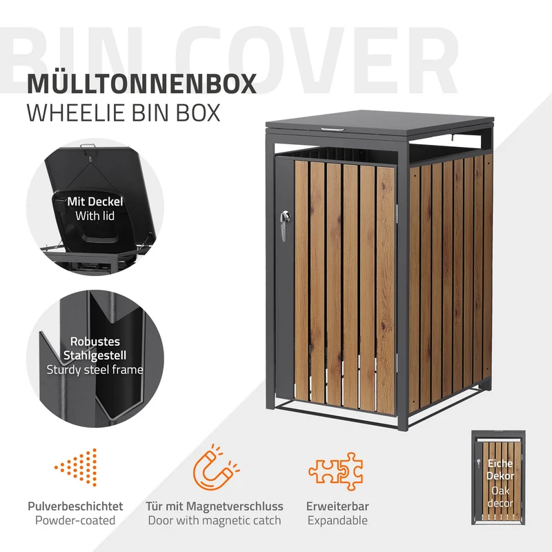 Mülltonnenbox 1er bis 240L 68x80x120 cm aus Stahl in Eichenoptik ML-Design