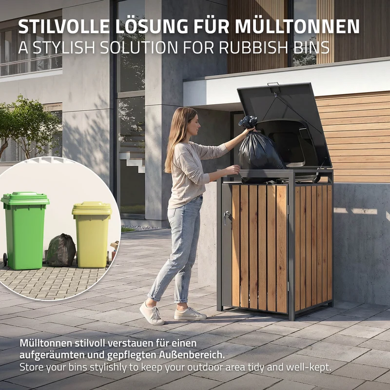 Mülltonnenbox 1er bis 240L 68x80x120 cm aus Stahl in Eichenoptik ML-Design