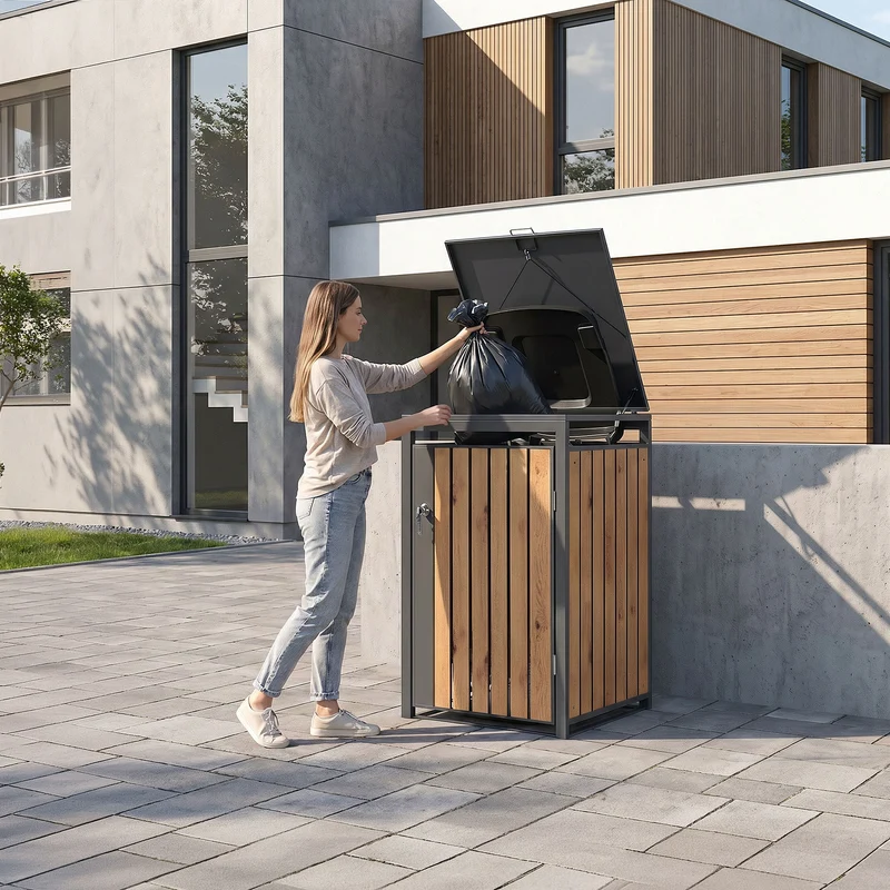 Mülltonnenbox 1er bis 240L 68x80x120 cm aus Stahl in Eichenoptik ML-Design