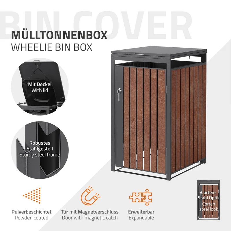Mülltonnenbox 1er bis 240L 68x80x120 cm aus Stahl in Rostoptik ML-Design