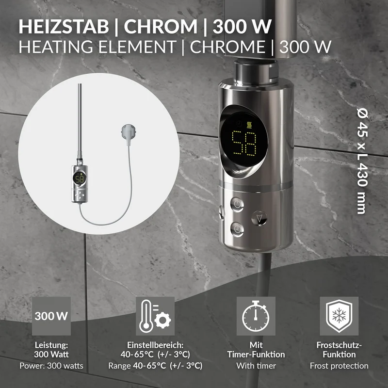 Heizstab 300W Chrome mit Thermostat und LCD Bildschirm LuxeBath